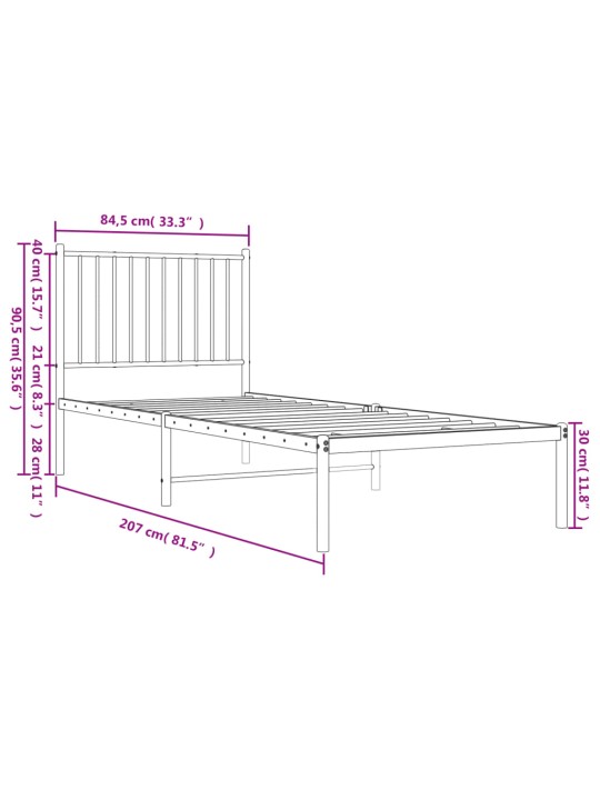 Metallinen sängynrunko päädyllä valkoinen 80x200 cm