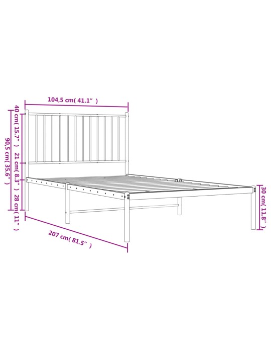 Metallinen sängynrunko päädyllä valkoinen 100x200 cm