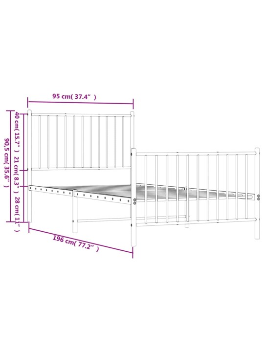Metallinen sängynrunko päädyillä valkoinen 90x190 cm