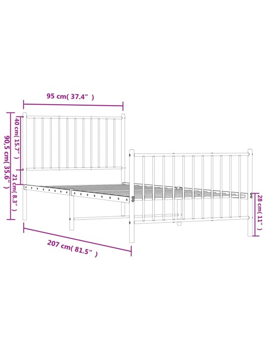 Metallinen sängynrunko päädyillä valkoinen 90x200 cm