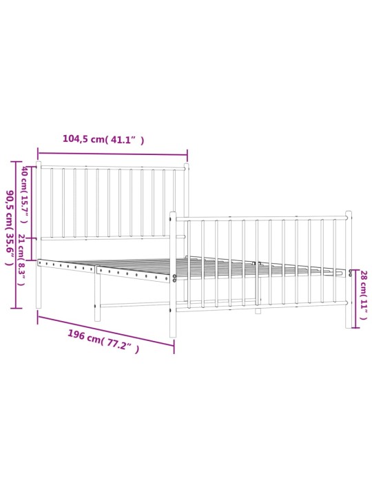 Metallinen sängynrunko päädyillä valkoinen 100x190 cm