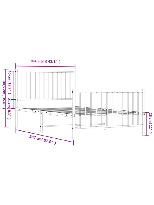 Metallinen sängynrunko päädyillä valkoinen 100x200 cm