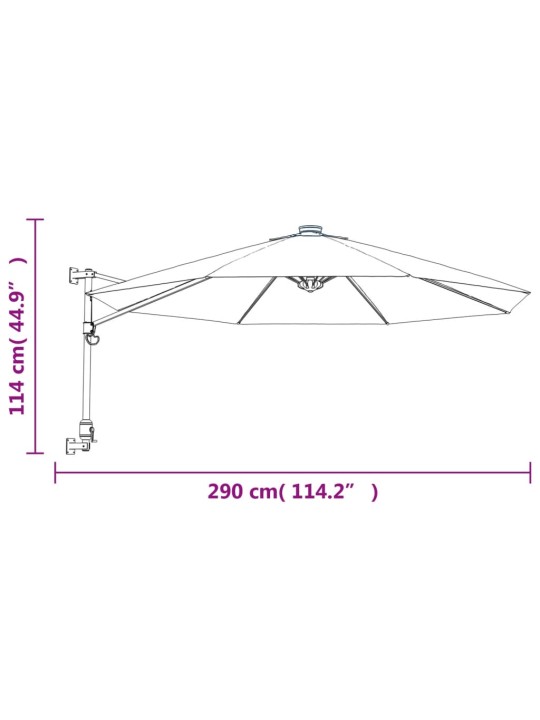 Seinäkiinnitteinen aurinkovarjo LED-valoilla omenanvihr. 290 cm