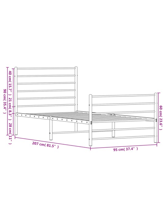 Metallinen sängynrunko päädyillä musta 90x200 cm