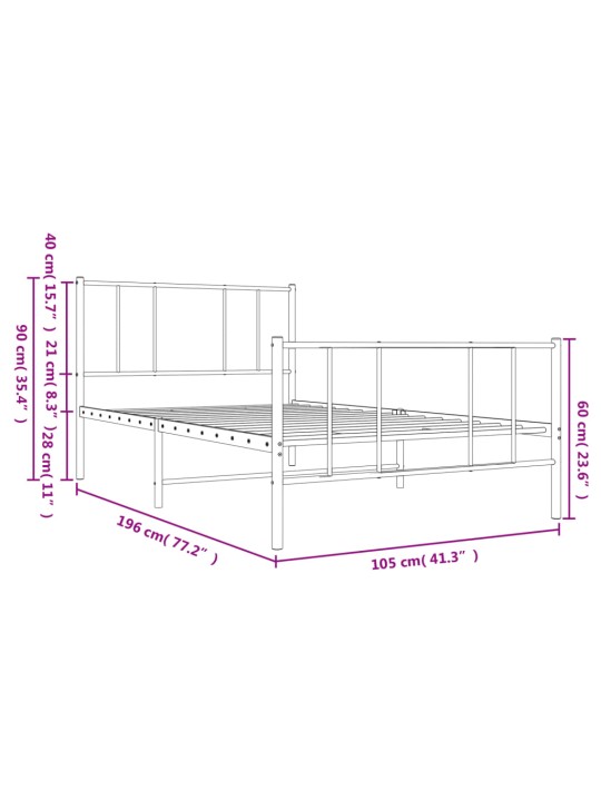 Metallinen sängynrunko päädyillä musta 100x190 cm