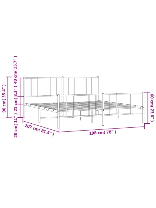 Metallinen sängynrunko päädyillä musta 193x203 cm