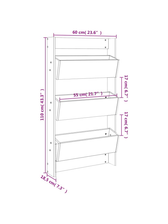 Seinäkukkalaatikko 3 tasoa 60x18,5x110 cm musta täysi mänty
