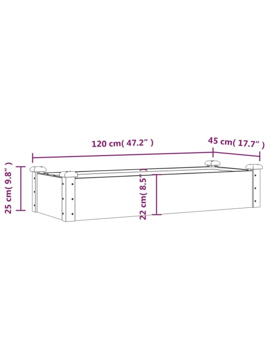 Korotettu kukkalaatikko vuorauksella 120x45x25 cm täysi kuusi