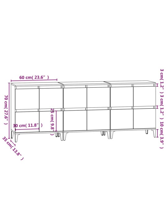 Senkit 3 kpl valkoinen 60x35x70 cm tekninen puu