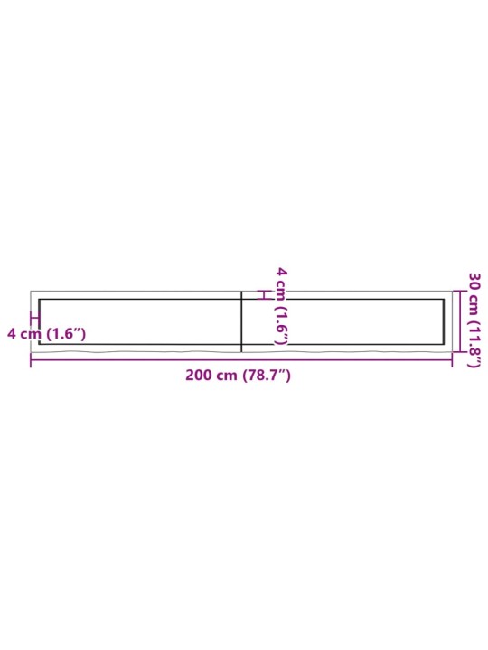 Kylpyhuoneen työtaso 200x30x(2-6) cm käsittelemätön täysi puu