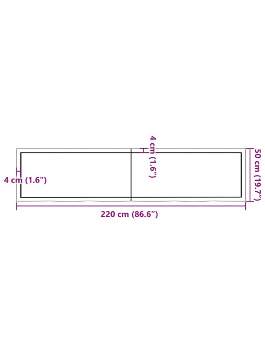 Kylpyhuoneen työtaso 220x50x(2-4) cm käsittelemätön täysi puu