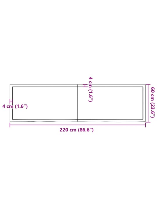 Kylpyhuoneen työtaso 220x60x(2-4) cm käsittelemätön täysi puu