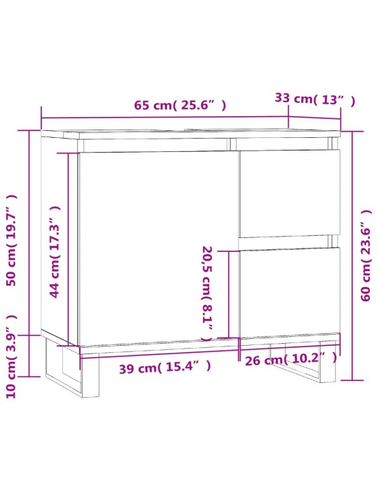 Kylpyhuoneen kaappi korkeakiilto valk. 65x33x60 cm tekninen puu