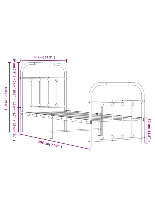 Metallinen sängynrunko päädyillä musta 75x190 cm