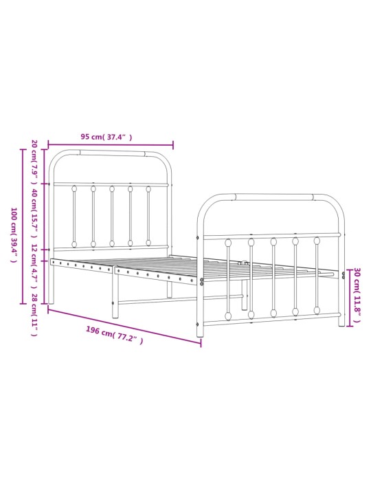 Metallinen sängynrunko päädyillä musta 90x190 cm