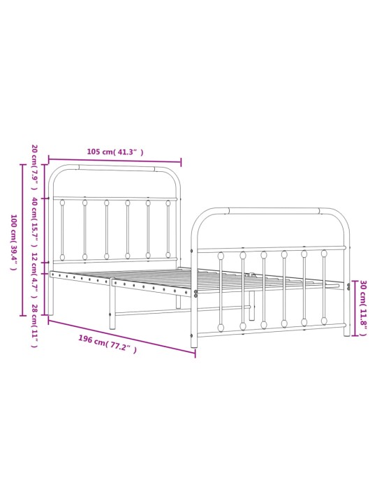 Metallinen sängynrunko päädyillä musta 100x190 cm