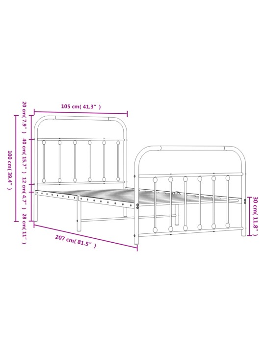 Metallinen sängynrunko päädyillä musta 100x200 cm