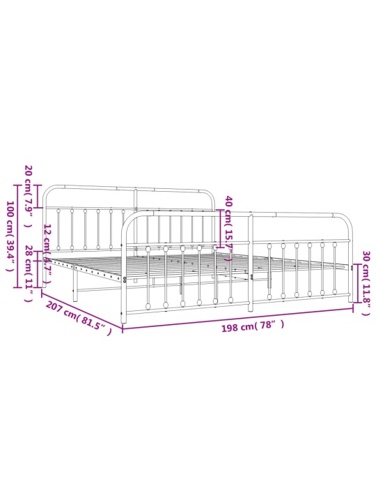 Metallinen sängynrunko päädyillä musta 193x203 cm