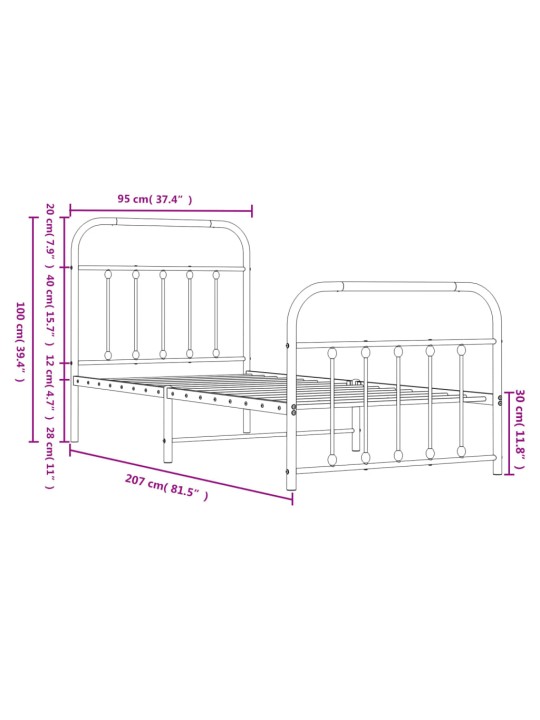 Metallinen sängynrunko päädyillä valkoinen 90x200 cm