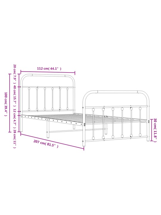 Metallinen sängynrunko päädyillä valkoinen 107x203 cm
