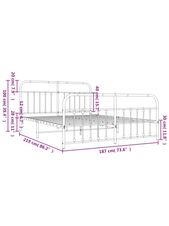 Metallinen sängynrunko päädyillä valkoinen 183x213 cm