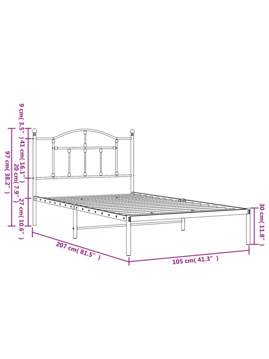 Metallinen sängynrunko päädyllä musta 100x200 cm