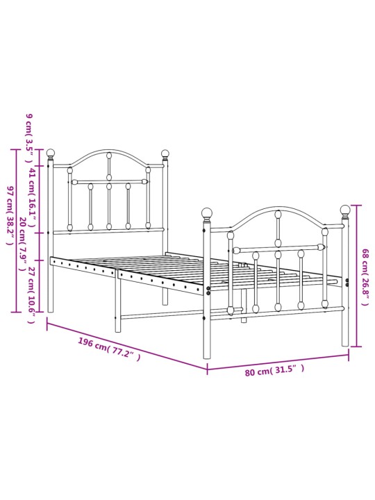 Metallinen sängynrunko päädyillä musta 75x190 cm