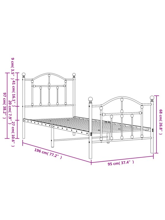Metallinen sängynrunko päädyillä musta 90x190 cm