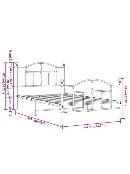 Metallinen sängynrunko päädyillä musta 107x203 cm