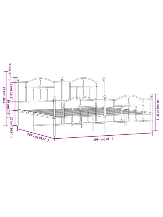 Metallinen sängynrunko päädyillä musta 193x203 cm