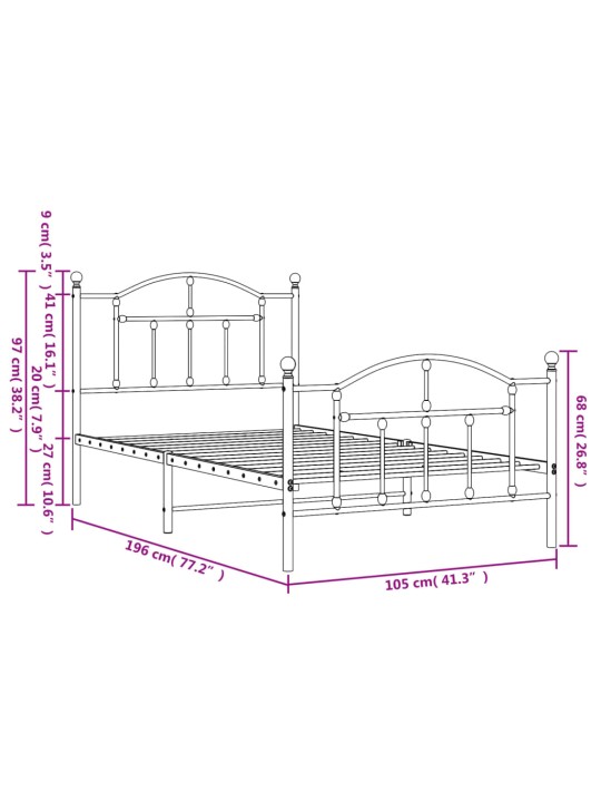 Metallinen sängynrunko päädyillä valkoinen 100x190 cm