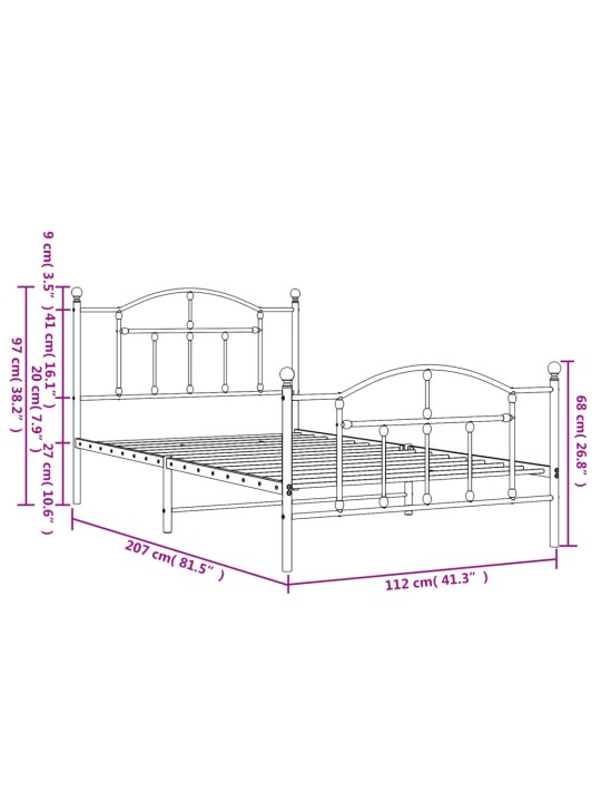 Metallinen sängynrunko päädyillä valkoinen 107x203 cm