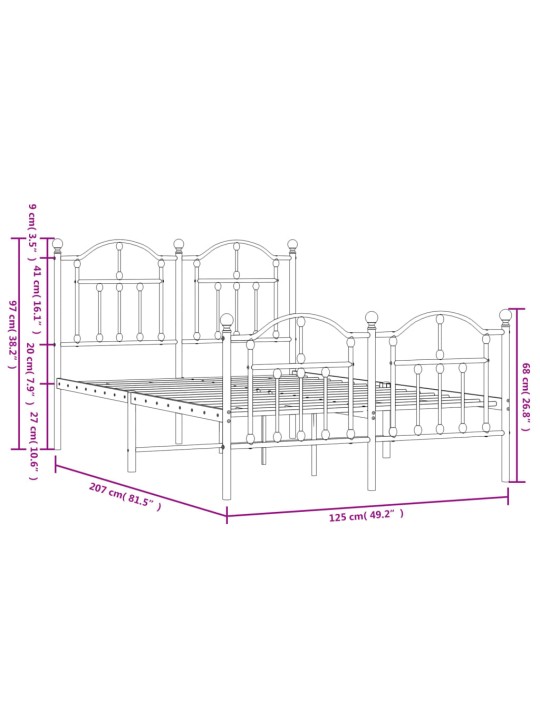 Metallinen sängynrunko päädyillä valkoinen 120x200 cm