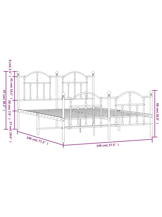 Metallinen sängynrunko päädyillä valkoinen 140x190 cm
