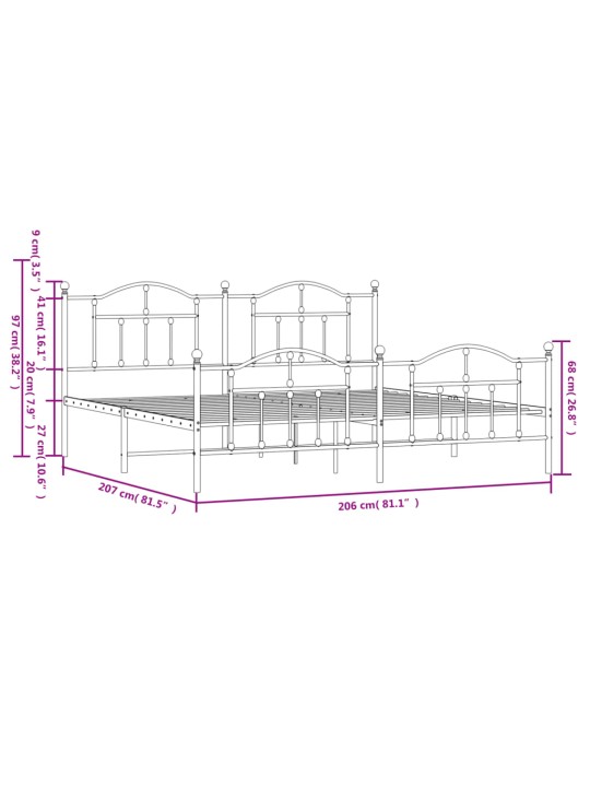 Metallinen sängynrunko päädyillä valkoinen 200x200 cm