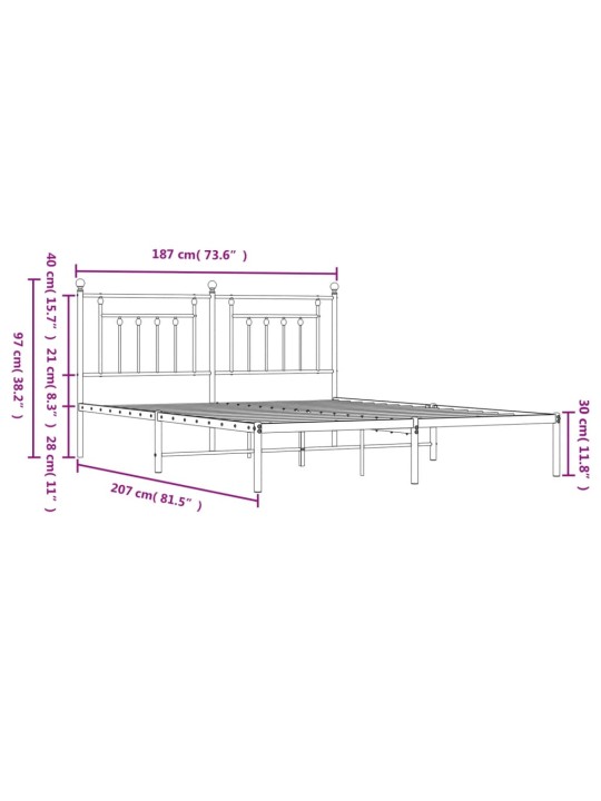 Metallinen sängynrunko päädyllä musta 180x200 cm