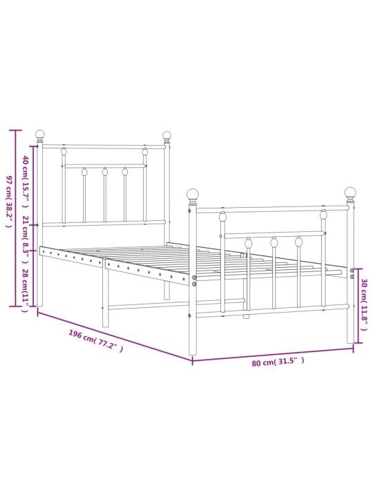 Metallinen sängynrunko päädyillä musta 75x190 cm