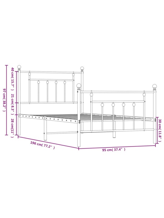 Metallinen sängynrunko päädyillä musta 90x190 cm