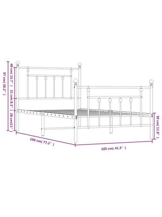 Metallinen sängynrunko päädyillä musta 100x190 cm