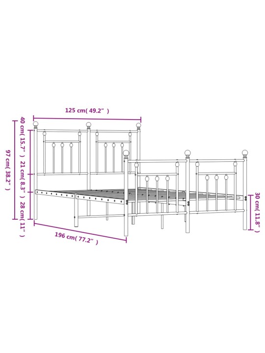 Metallinen sängynrunko päädyillä musta 120x190 cm