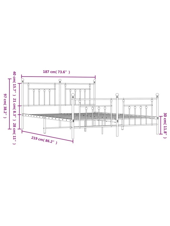 Metallinen sängynrunko päädyillä valkoinen 183x213 cm