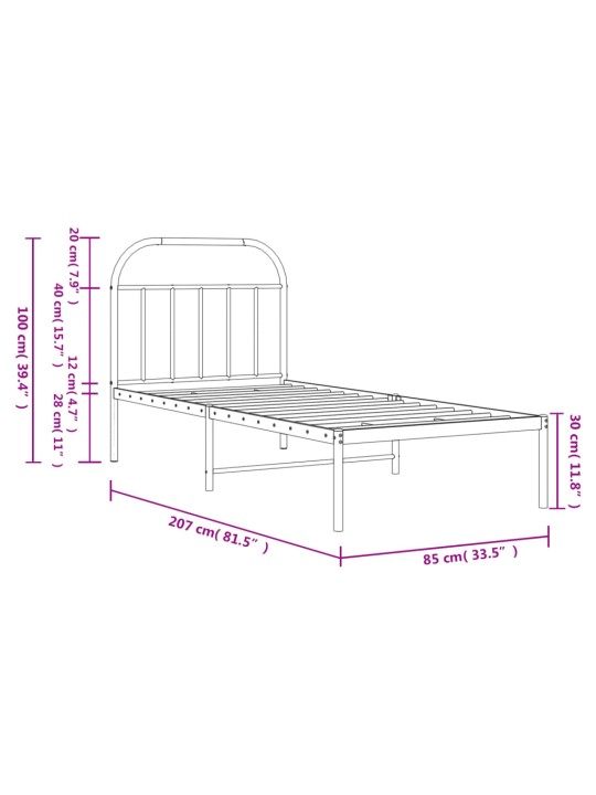 Metallinen sängynrunko päädyllä musta 80x200 cm