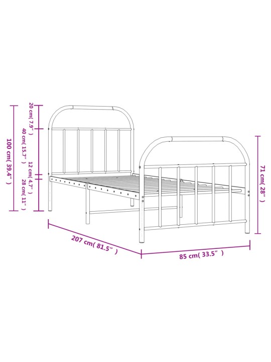 Metallinen sängynrunko päädyillä musta 80x200 cm