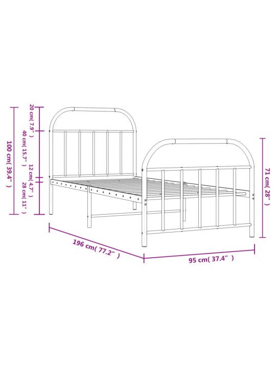 Metallinen sängynrunko päädyillä valkoinen 90x190 cm