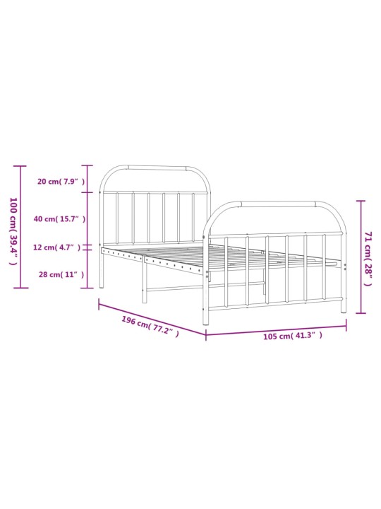 Metallinen sängynrunko päädyillä valkoinen 100x190 cm