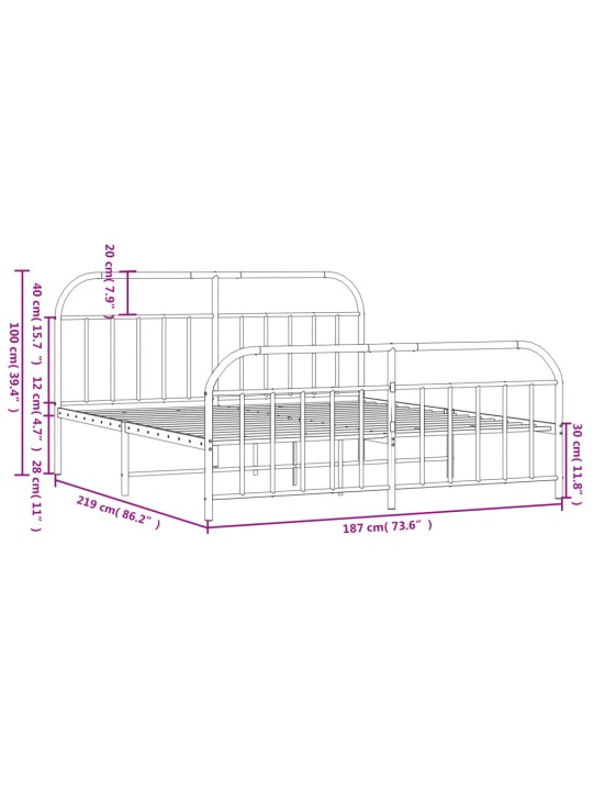 Metallinen sängynrunko päädyillä valkoinen 183x213 cm