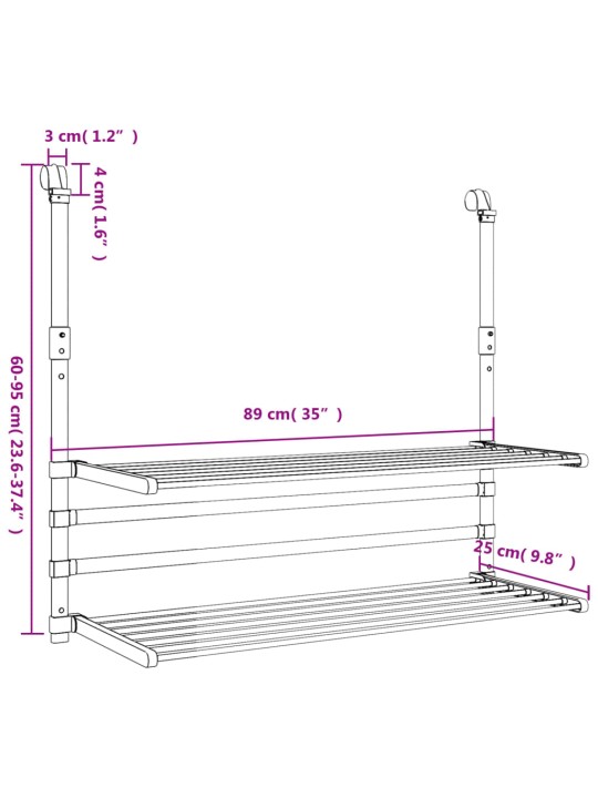 Kuivausteline parvekkeelle 89x25x(60-95) cm alumiini