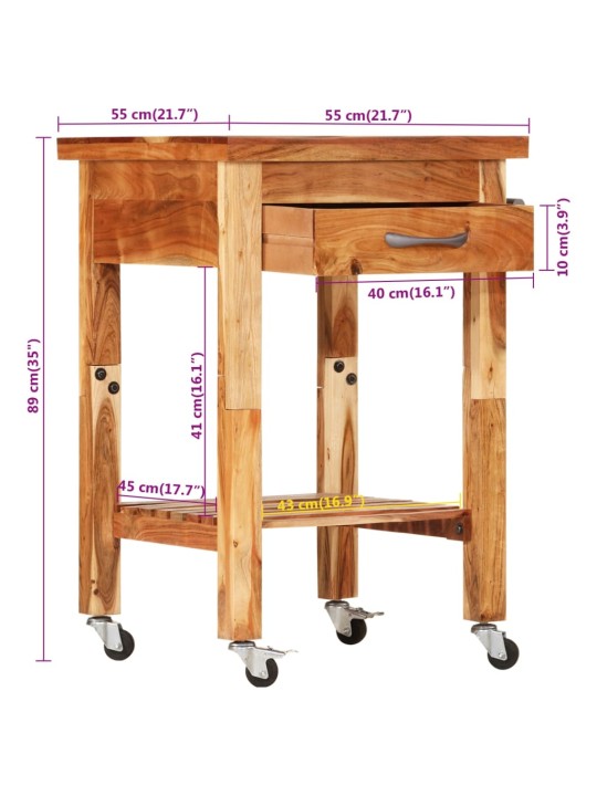 Tarjoiluvaunu 55x55x89 cm täysi akasiapuu