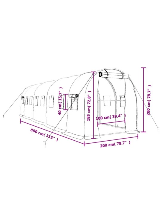 Kasvihuone teräsrungolla vihreä 16 m² 8x2x2 m