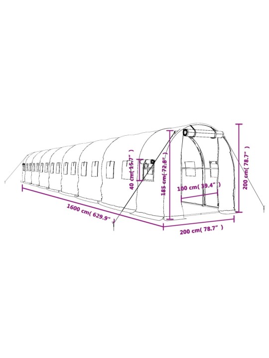 Kasvihuone teräsrungolla vihreä 32 m² 16x2x2 m